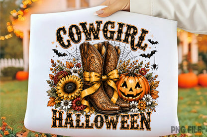 Retro Cowgirl Halloween PNG | Western Cowboy Boots Pumpkin Fall Spooky Sublimation Design