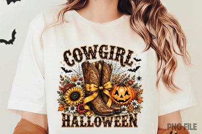 Retro Cowgirl Halloween PNG | Western Cowboy Boots Pumpkin Fall Spooky Sublimation Design