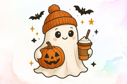 Retro Ghost Coffee Pumpkin Halloween PNG Cute Spooky Clipart