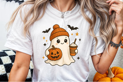 Retro Ghost Coffee Pumpkin Halloween PNG Cute Spooky Clipart