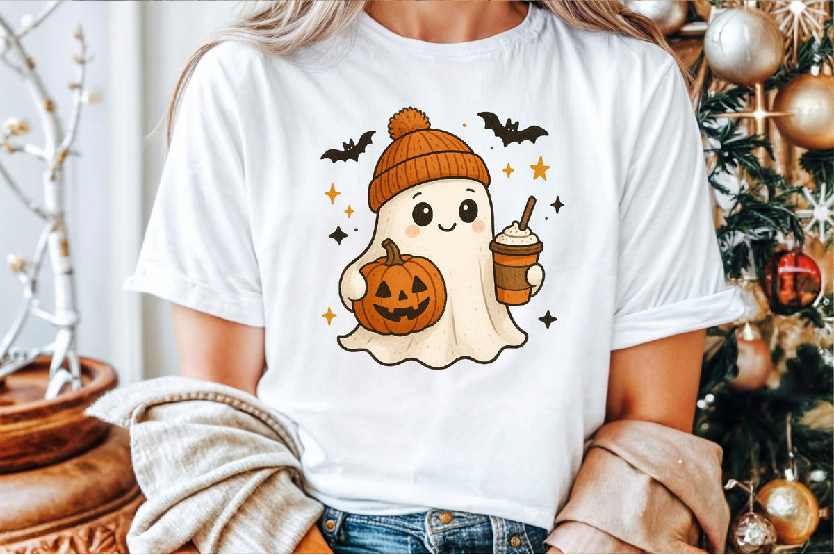 Retro Ghost Coffee Pumpkin Halloween PNG Cute Spooky Clipart