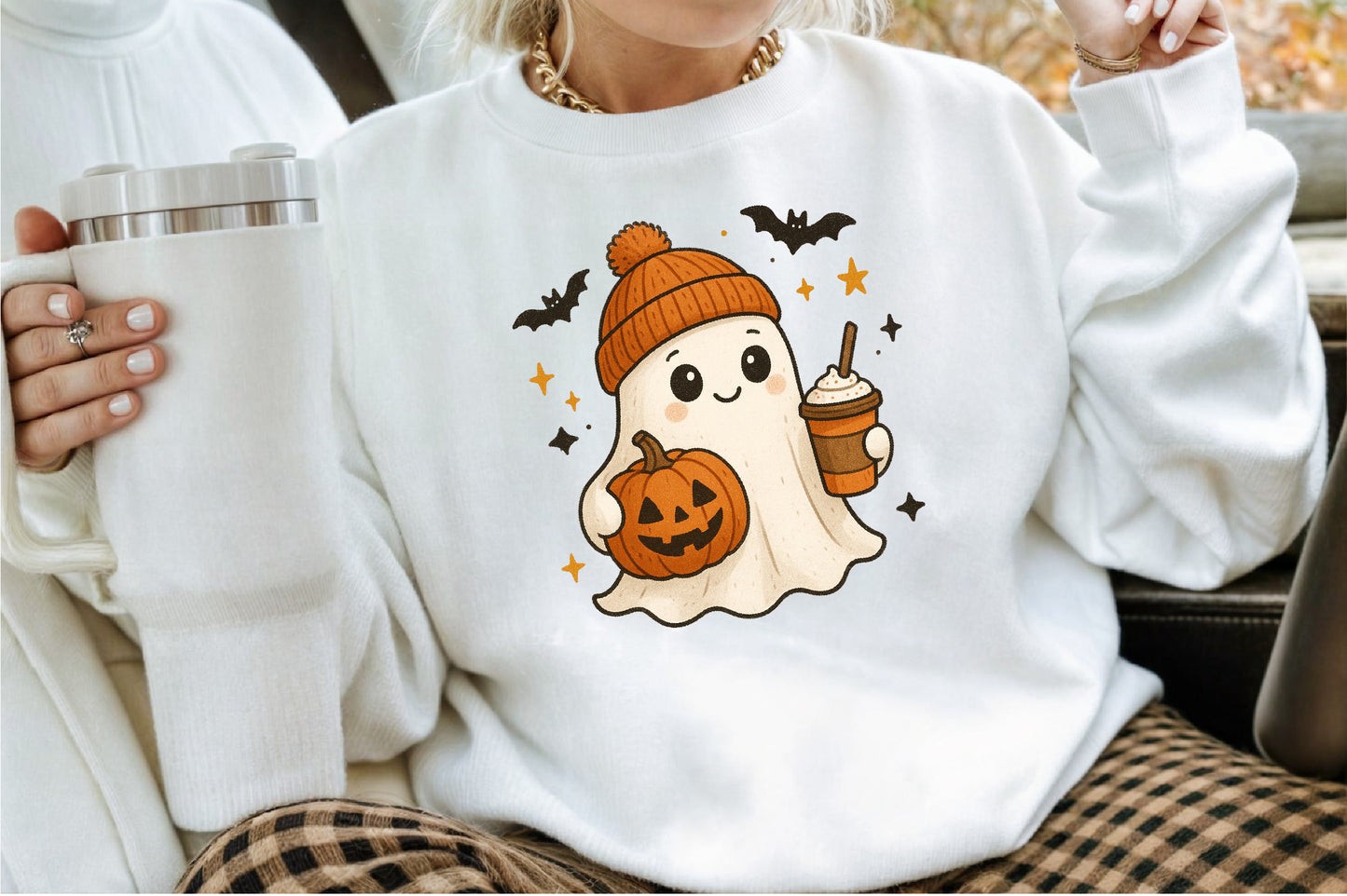 Retro Ghost Coffee Pumpkin Halloween PNG Cute Spooky Clipart