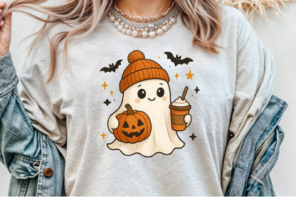 Retro Ghost Coffee Pumpkin Halloween PNG Cute Spooky Clipart