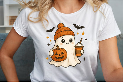 Retro Ghost Coffee Pumpkin Halloween PNG Cute Spooky Clipart