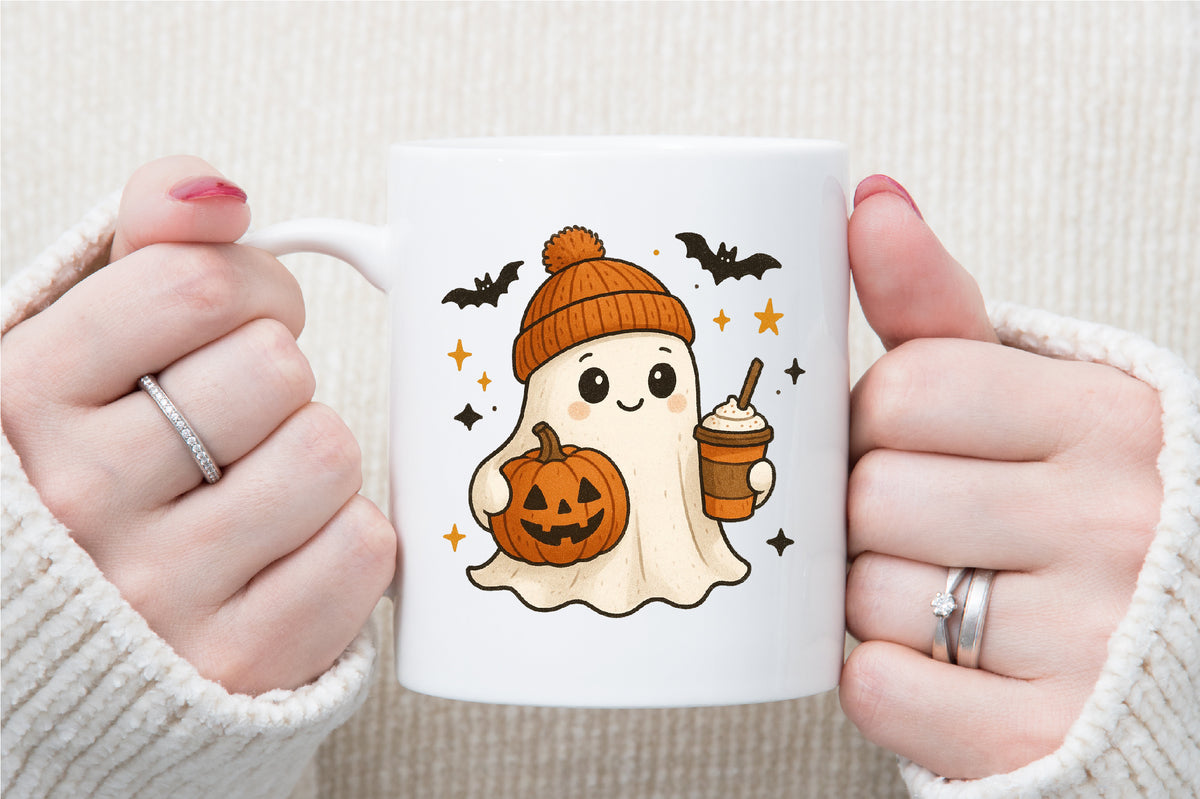 Retro Ghost Coffee Pumpkin Halloween PNG Cute Spooky Clipart