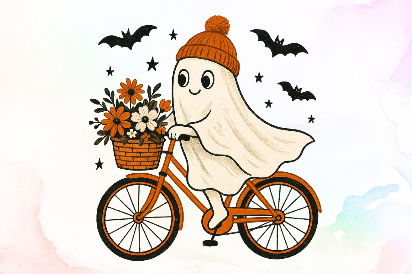 Retro Ghost Bicycle Fall Autumn Halloween PNG Cute Spooky Clipart