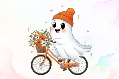 Cute Ghost Bicycle Fall Autumn Halloween PNG Spooky Clipart