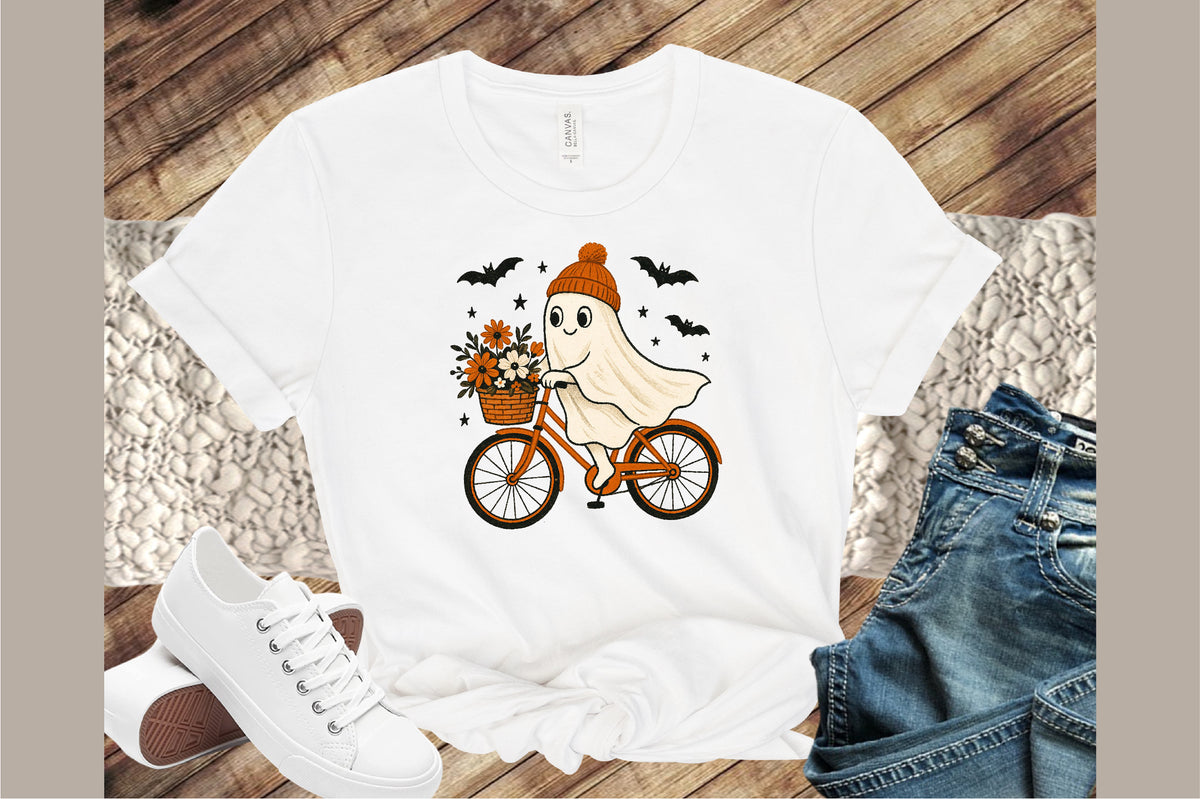 Retro Ghost Bicycle Fall Autumn Halloween PNG Cute Spooky Clipart