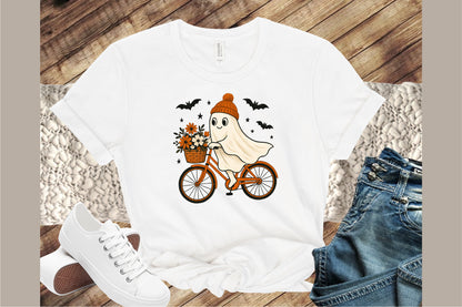 Retro Ghost Bicycle Fall Autumn Halloween PNG Cute Spooky Clipart