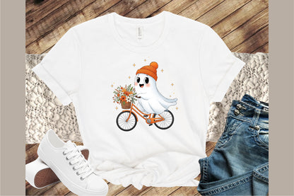 Cute Ghost Bicycle Fall Autumn Halloween PNG Spooky Clipart