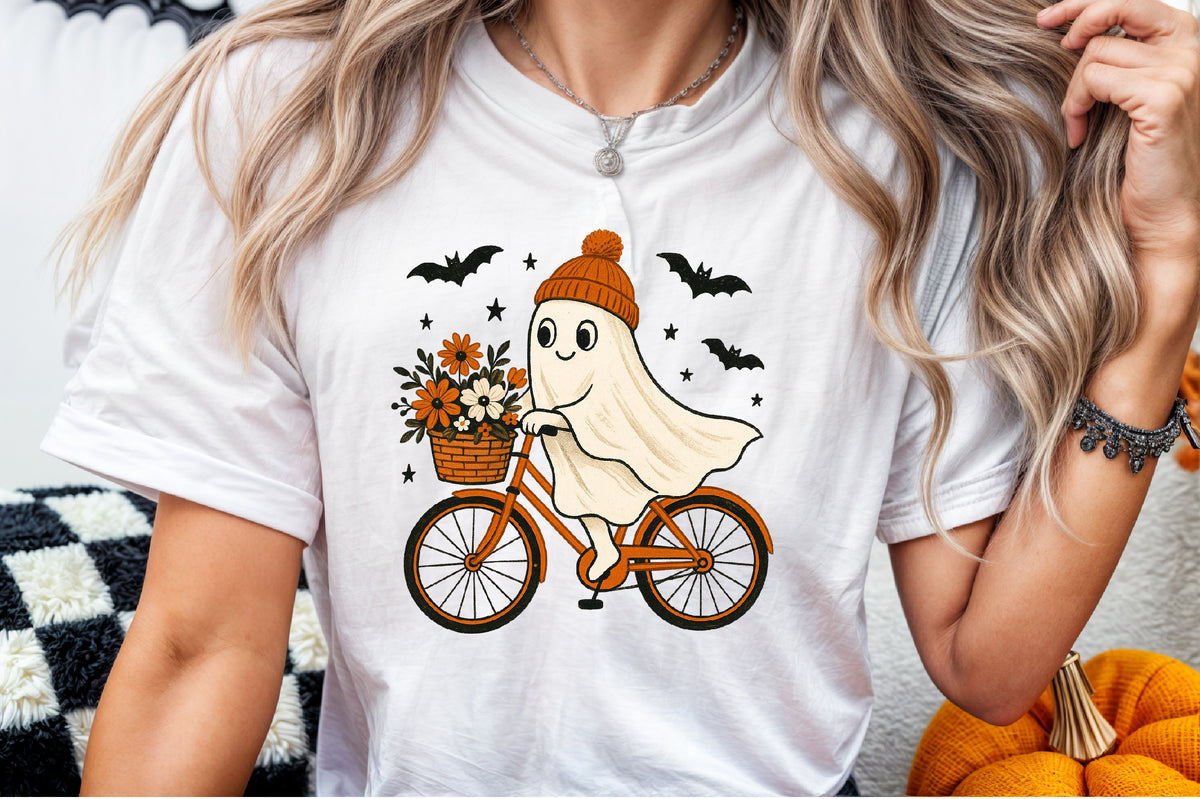 Retro Ghost Bicycle Fall Autumn Halloween PNG Cute Spooky Clipart