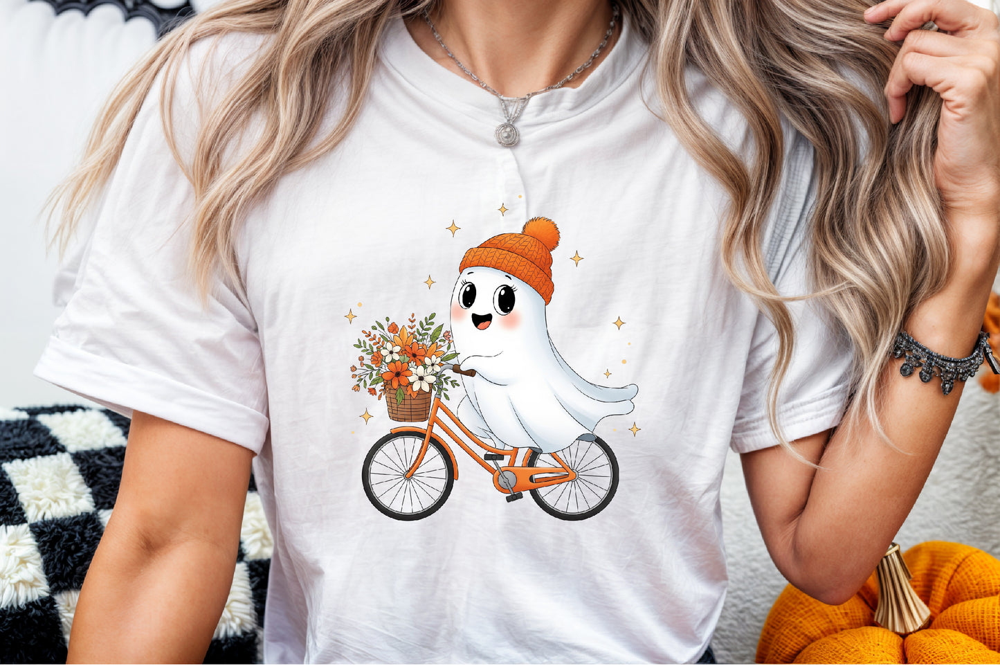 Cute Ghost Bicycle Fall Autumn Halloween PNG Spooky Clipart