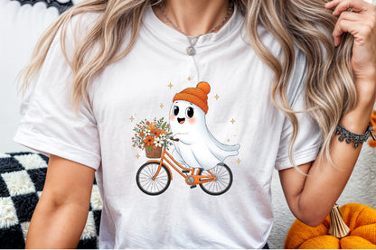 Cute Ghost Bicycle Fall Autumn Halloween PNG Spooky Clipart