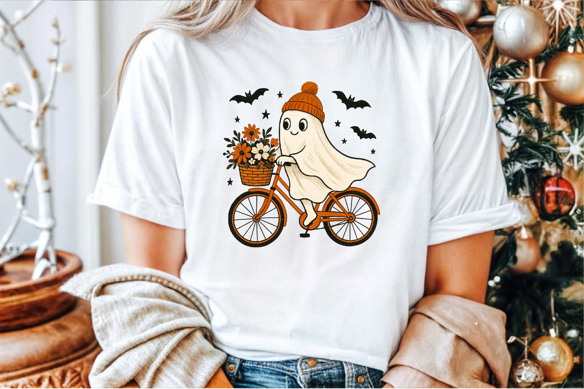 Retro Ghost Bicycle Fall Autumn Halloween PNG Cute Spooky Clipart