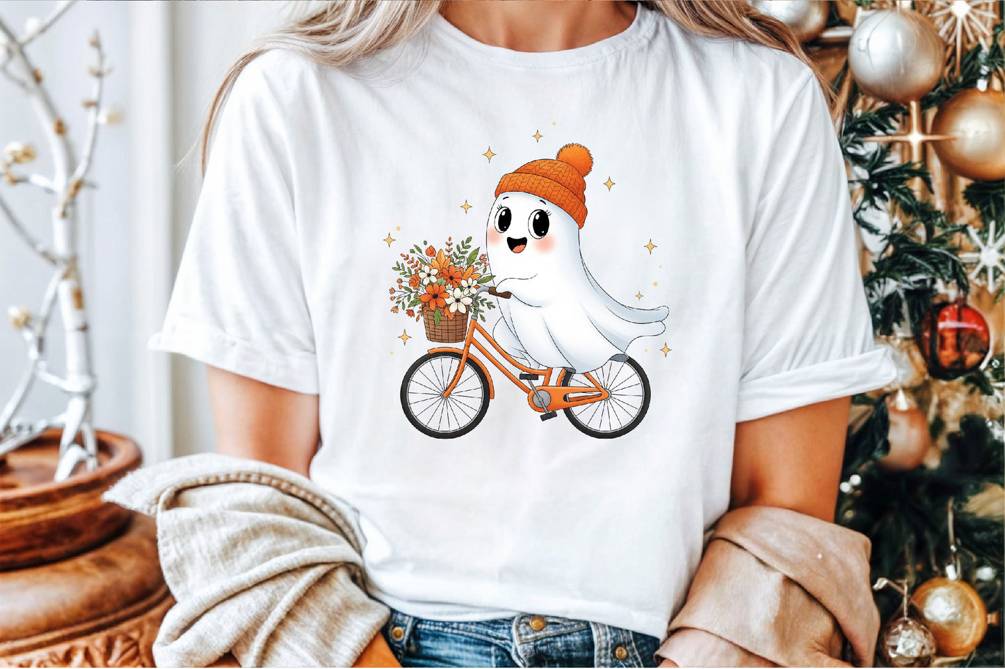 Cute Ghost Bicycle Fall Autumn Halloween PNG Spooky Clipart