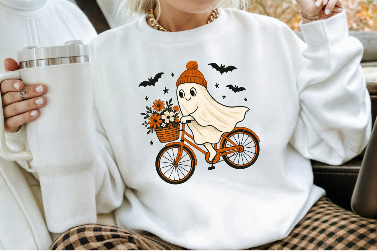 Retro Ghost Bicycle Fall Autumn Halloween PNG Cute Spooky Clipart
