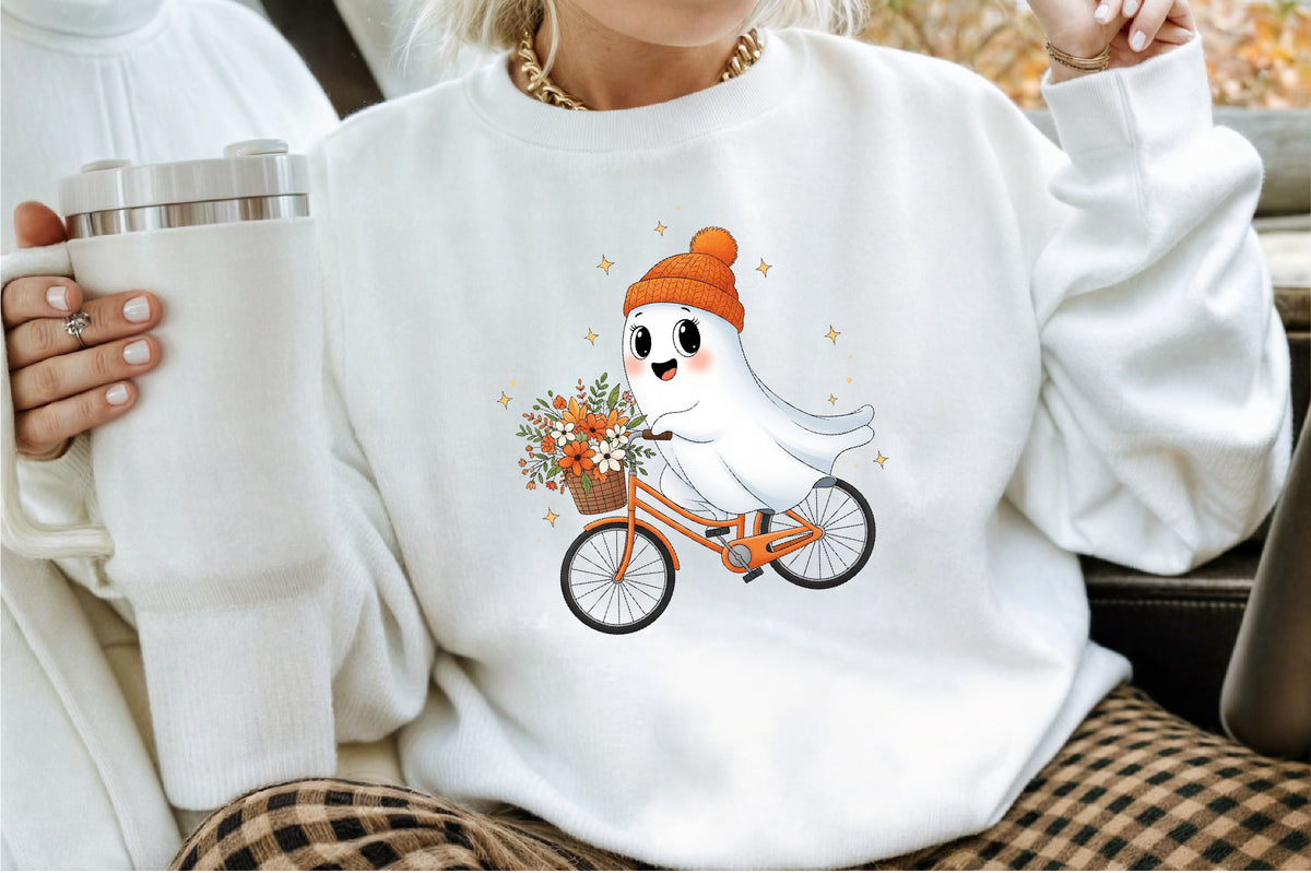 Cute Ghost Bicycle Fall Autumn Halloween PNG Spooky Clipart