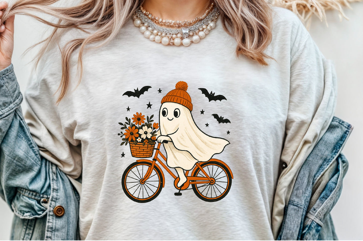 Retro Ghost Bicycle Fall Autumn Halloween PNG Cute Spooky Clipart