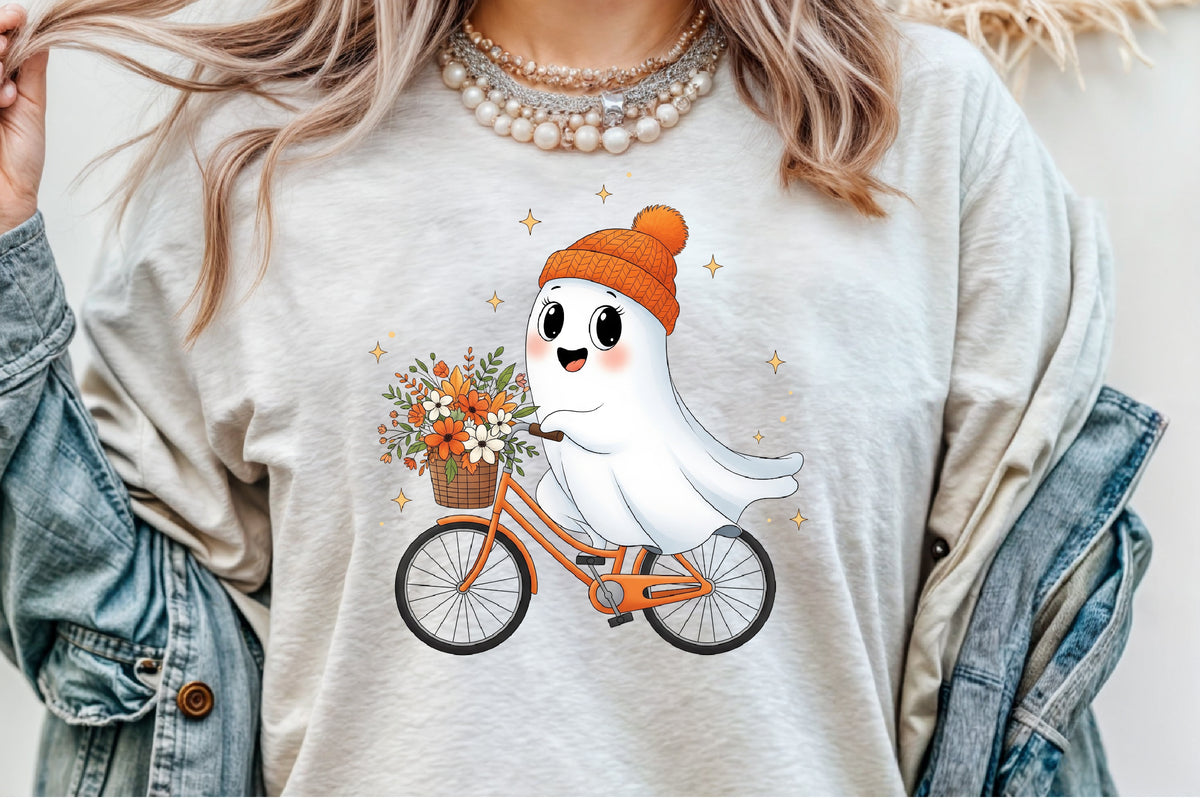 Cute Ghost Bicycle Fall Autumn Halloween PNG Spooky Clipart