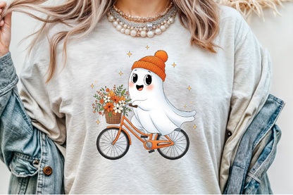 Cute Ghost Bicycle Fall Autumn Halloween PNG Spooky Clipart