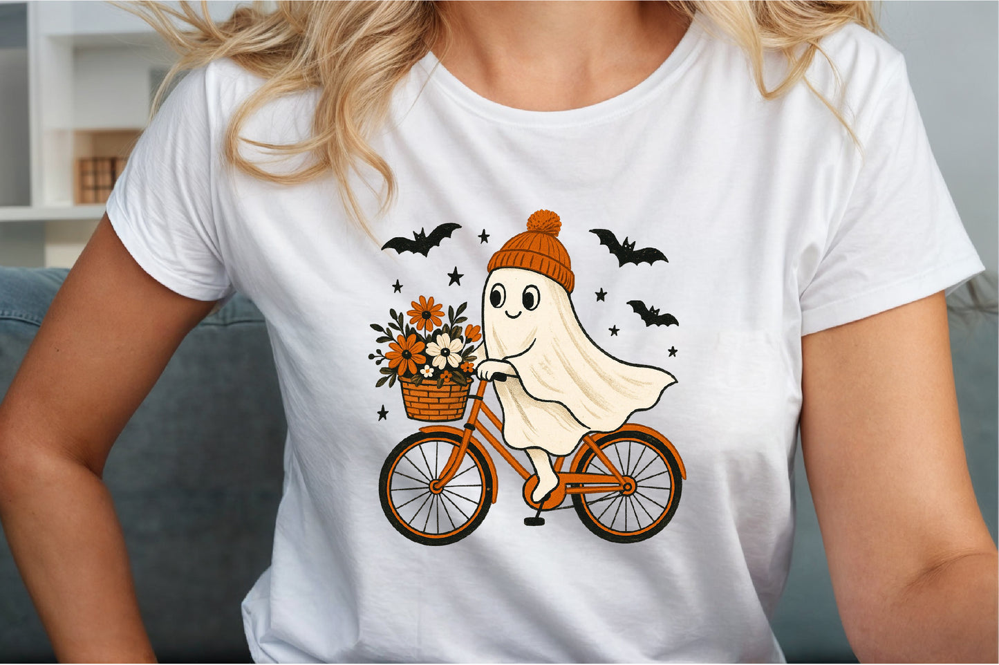 Retro Ghost Bicycle Fall Autumn Halloween PNG Cute Spooky Clipart