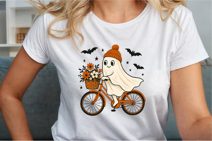Retro Ghost Bicycle Fall Autumn Halloween PNG Cute Spooky Clipart