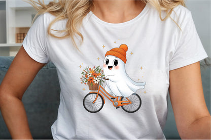 Cute Ghost Bicycle Fall Autumn Halloween PNG Spooky Clipart