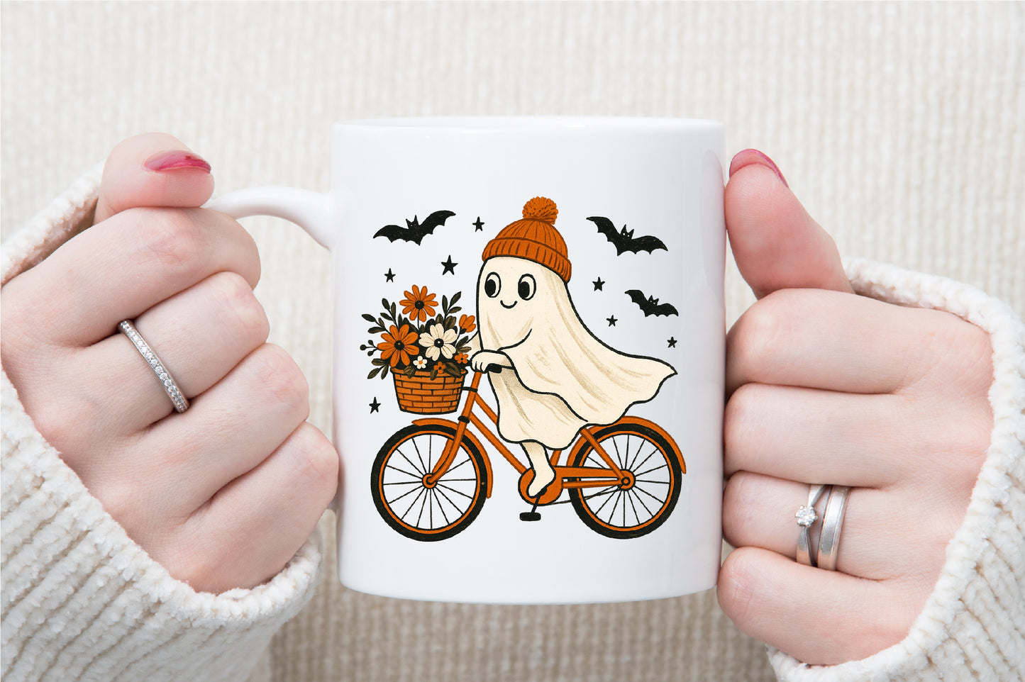 Retro Ghost Bicycle Fall Autumn Halloween PNG Cute Spooky Clipart