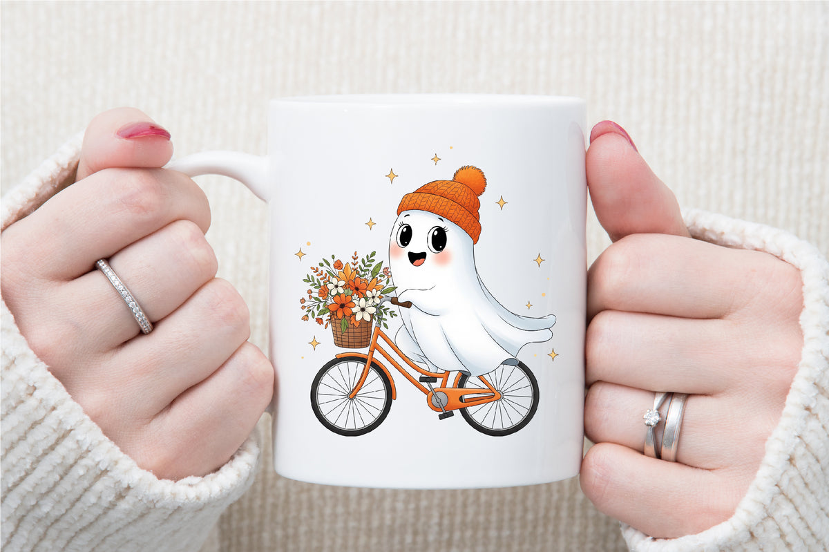 Cute Ghost Bicycle Fall Autumn Halloween PNG Spooky Clipart