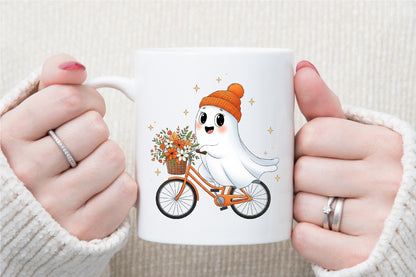 Cute Ghost Bicycle Fall Autumn Halloween PNG Spooky Clipart