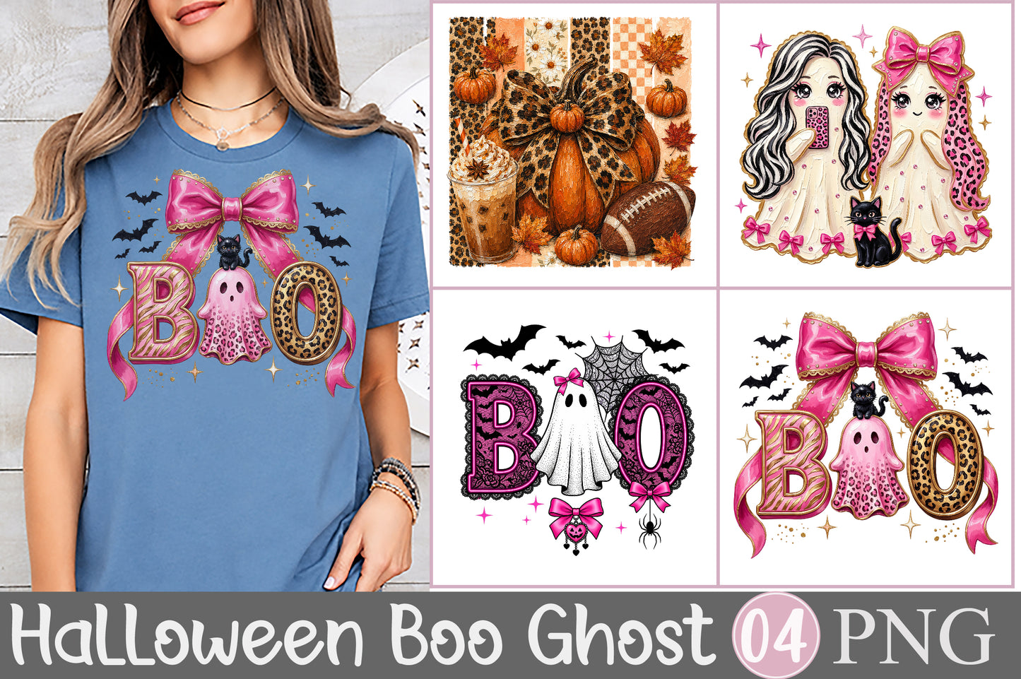 Halloween Boo Ghost PNG Pink Bow Leopard Sublimation