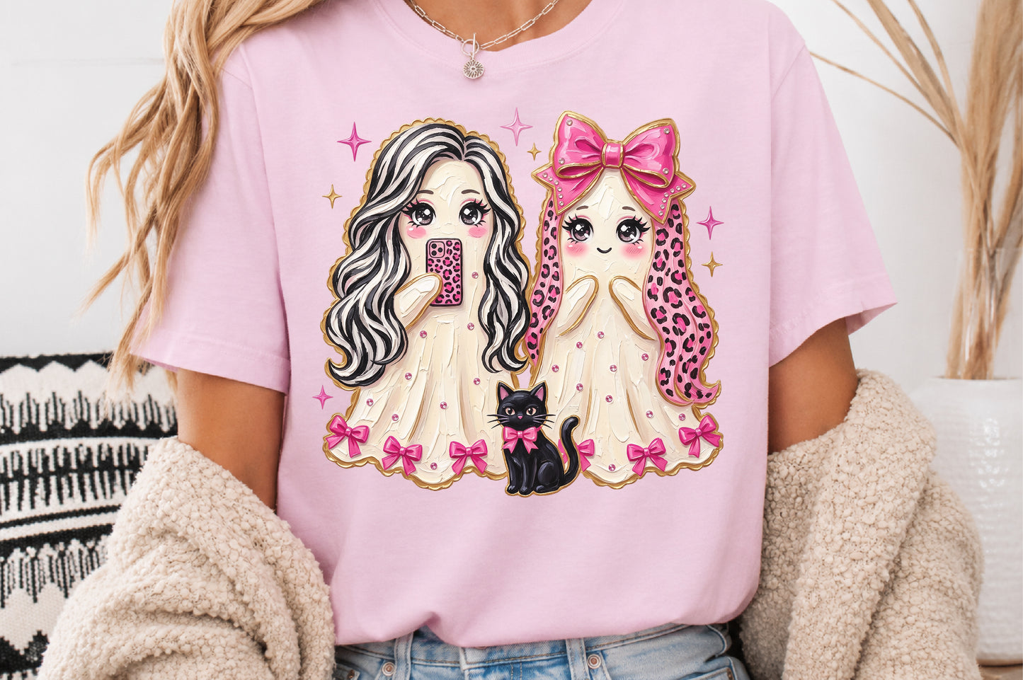 Halloween Boo Ghost PNG Pink Bow Leopard Sublimation