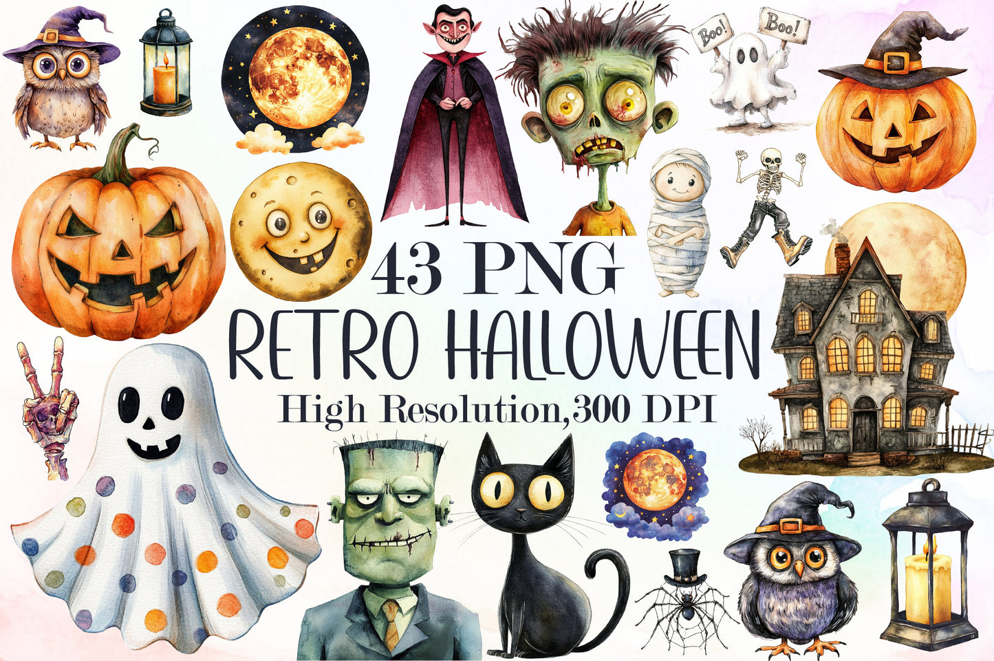 Retro Halloween Watercolor Clipart Spooky PNG Bundle 43 Designs
