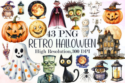 Retro Halloween Watercolor Clipart Spooky PNG Bundle 43 Designs