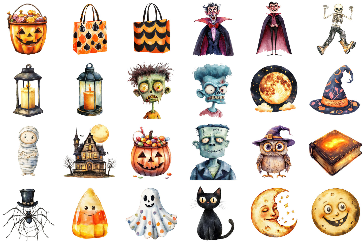 Retro Halloween Watercolor Clipart Spooky PNG Bundle 43 Designs