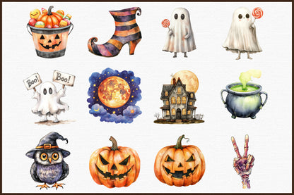 Retro Halloween Watercolor Clipart Spooky PNG Bundle 43 Designs