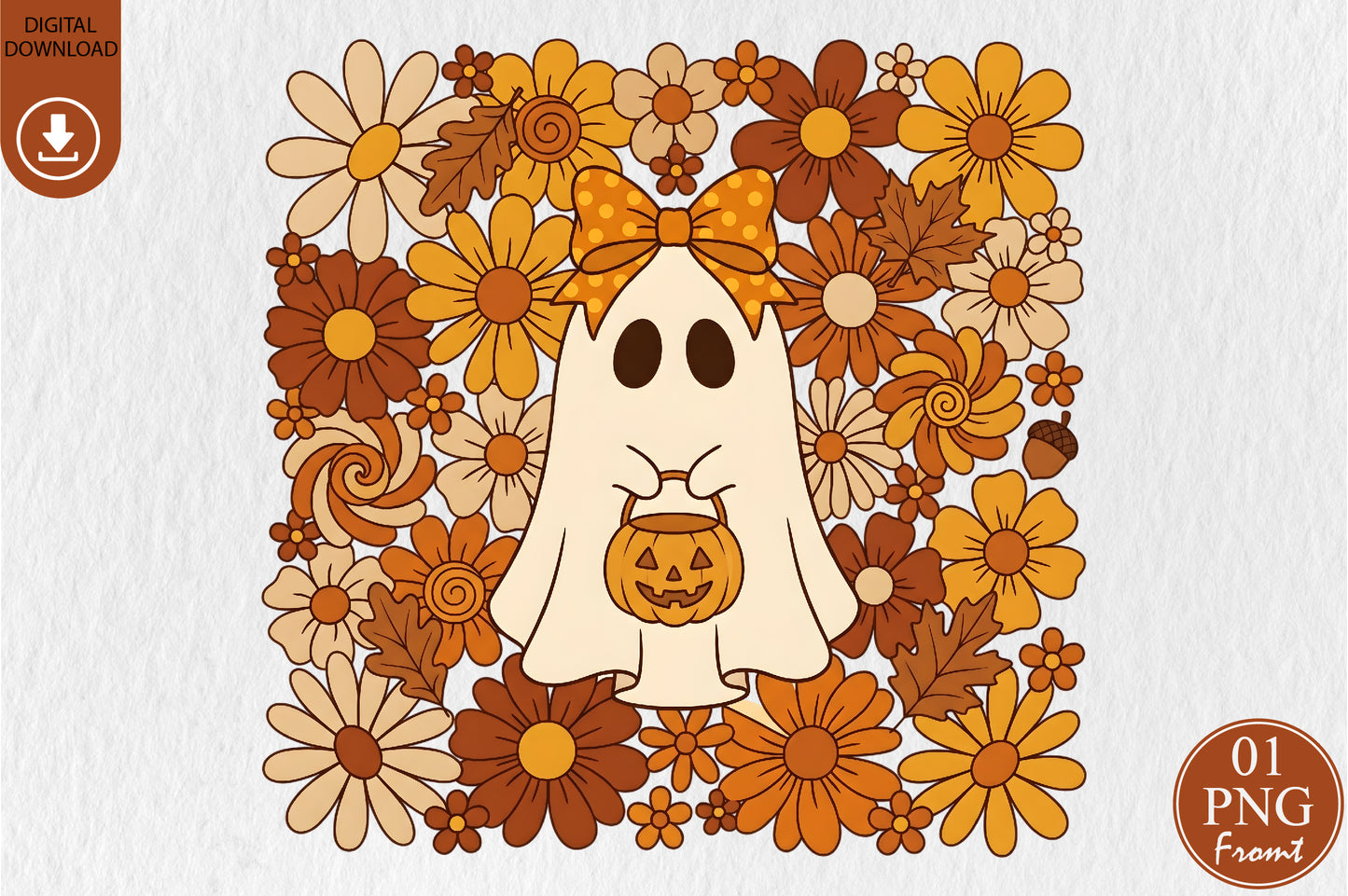 Boho Halloween Ghost PNG Cute Floral Pumpkin Spooky Sublimation Design