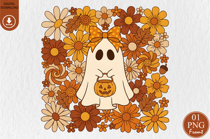 Boho Halloween Ghost PNG Cute Floral Pumpkin Spooky Sublimation Design