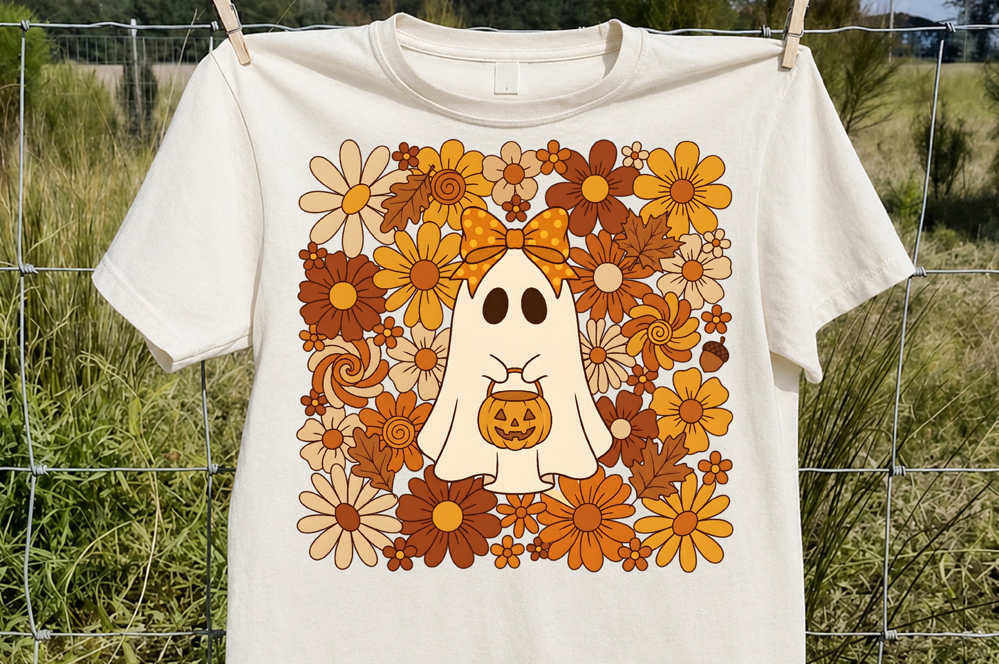 Boho Halloween Ghost PNG Cute Floral Pumpkin Spooky Sublimation Design