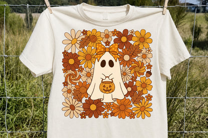 Boho Halloween Ghost PNG Cute Floral Pumpkin Spooky Sublimation Design
