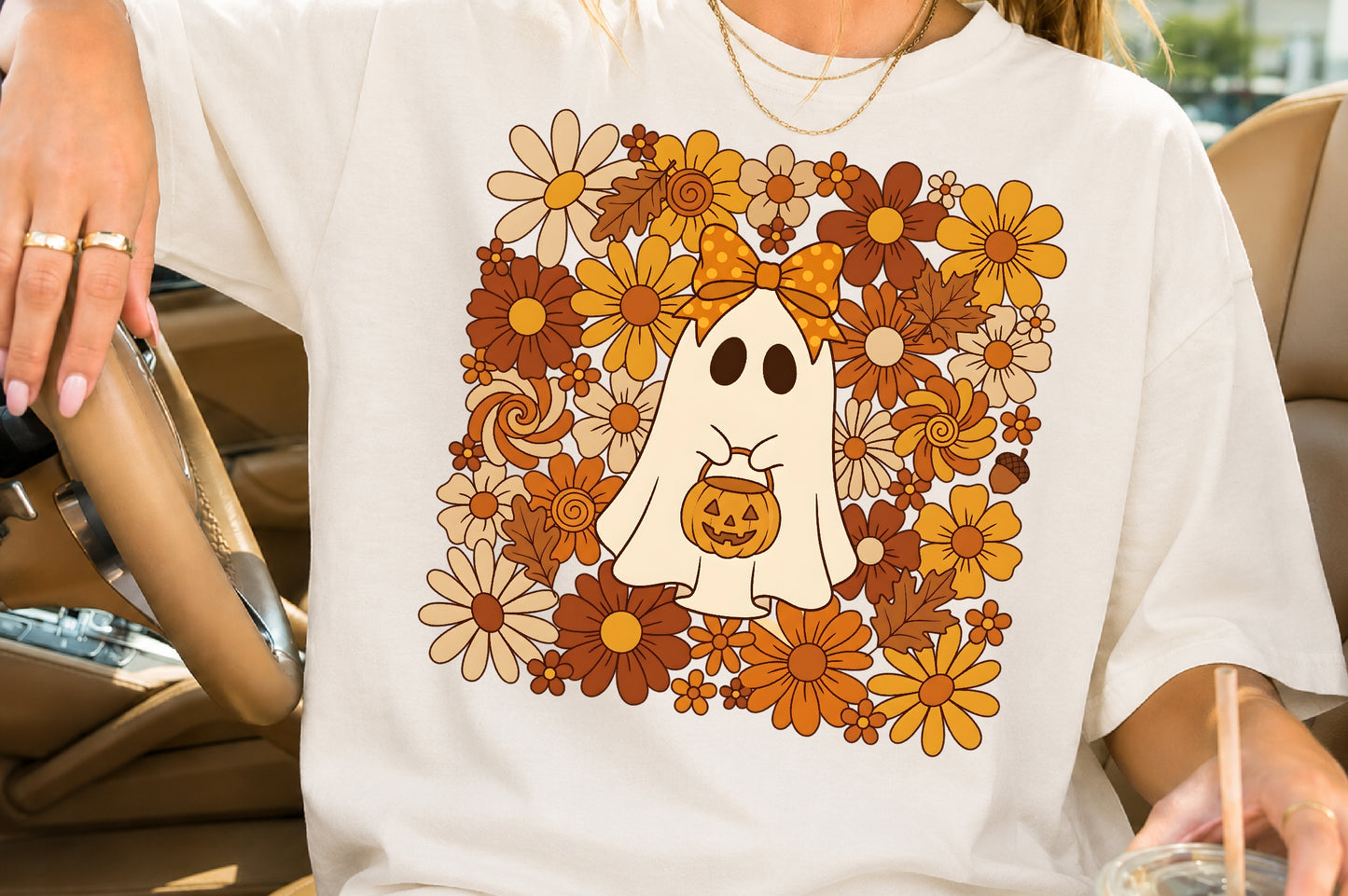 Boho Halloween Ghost PNG Cute Floral Pumpkin Spooky Sublimation Design