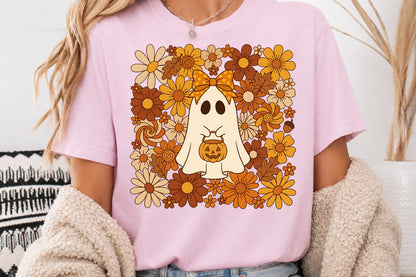 Boho Halloween Ghost PNG Cute Floral Pumpkin Spooky Sublimation Design