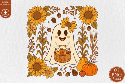 Fall Floral Ghost PNG Cute Autumn Pumpkin Sunflower Sublimation Design
