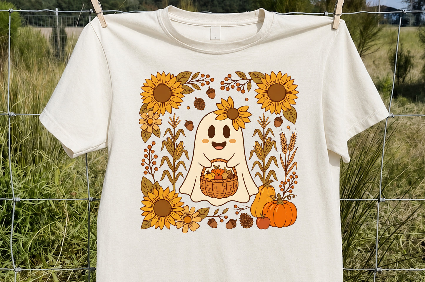 Fall Floral Ghost PNG Cute Autumn Pumpkin Sunflower Sublimation Design