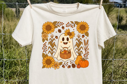Fall Floral Ghost PNG Cute Autumn Pumpkin Sunflower Sublimation Design