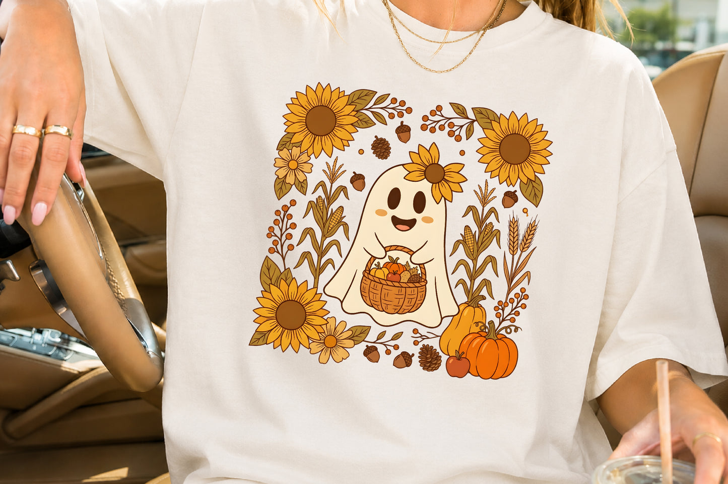 Fall Floral Ghost PNG Cute Autumn Pumpkin Sunflower Sublimation Design