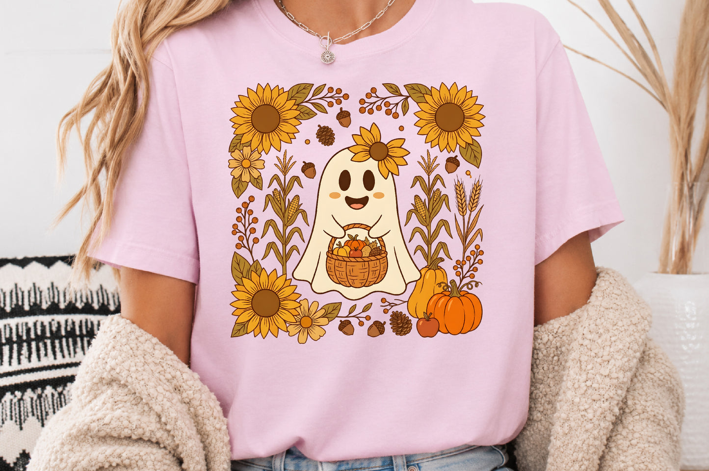 Fall Floral Ghost PNG Cute Autumn Pumpkin Sunflower Sublimation Design