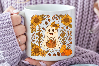 Fall Floral Ghost PNG Cute Autumn Pumpkin Sunflower Sublimation Design
