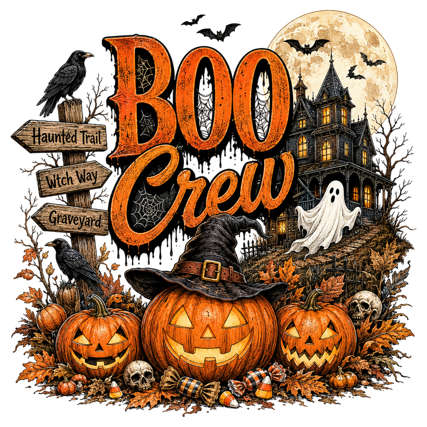 Retro Halloween Boo Crew Haunted House Pumpkin PNG