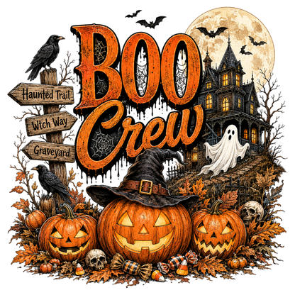 Retro Halloween Boo Crew Haunted House Pumpkin PNG